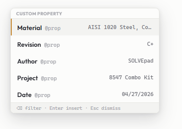 SOLVEpad custom properties dialog