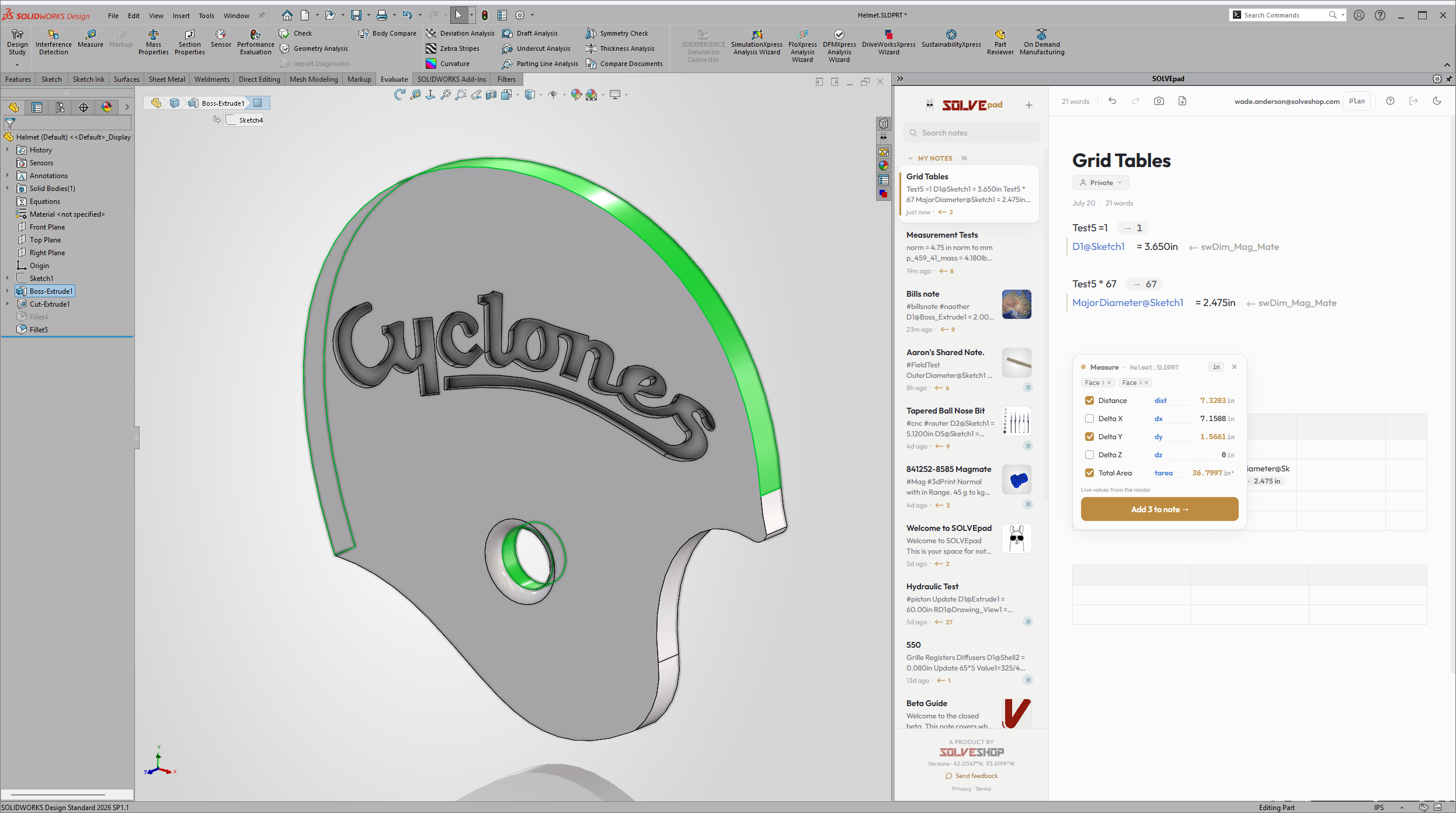 SOLVEpad grid tables and measure capture in Solidworks