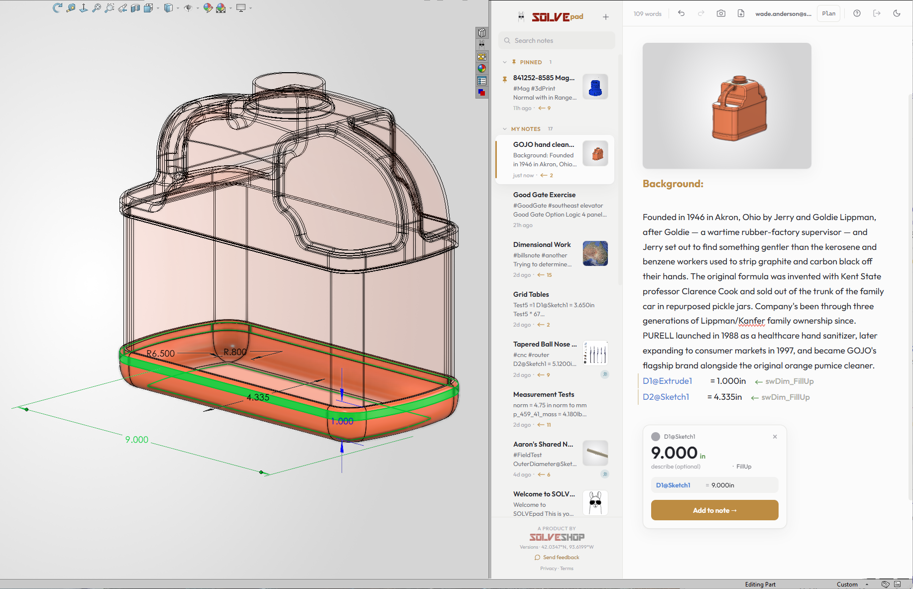 SOLVEpad note with linked dimensions and a live measurement capture in Solidworks